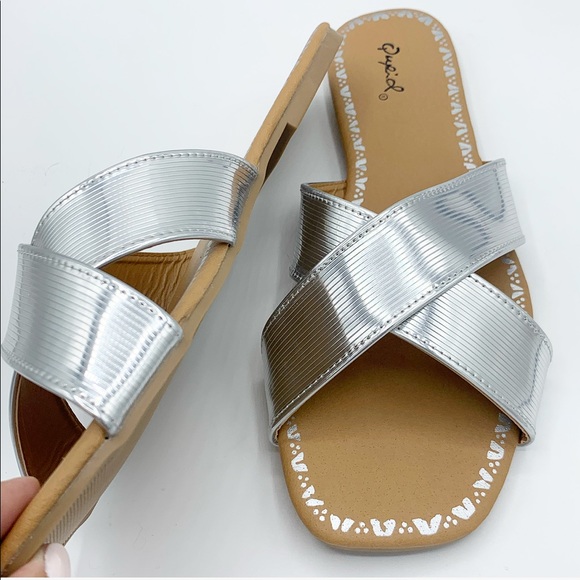 Silver Metallic Criss Cross X Slide Sandals Flat Slip On Summer Shoes - Picture 4 of 8